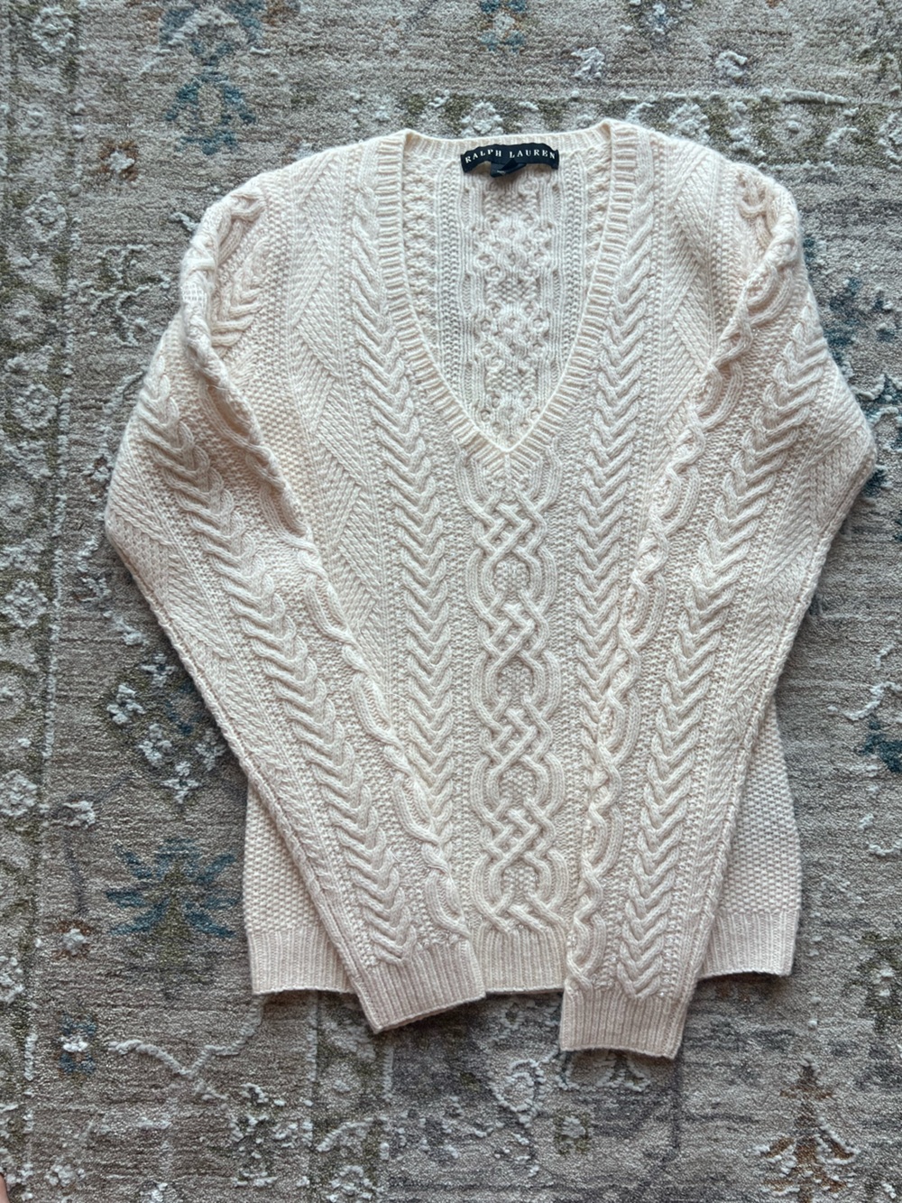 Ralph Lauren Cream Cable Cable-Knit V-Neck Sweater
